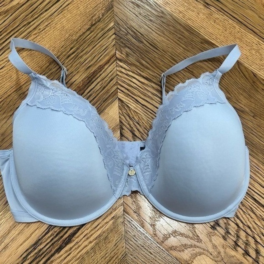 Natori Bra 34DD Lavender Lace Underwire Lightly Lined Demi Gold Hardware